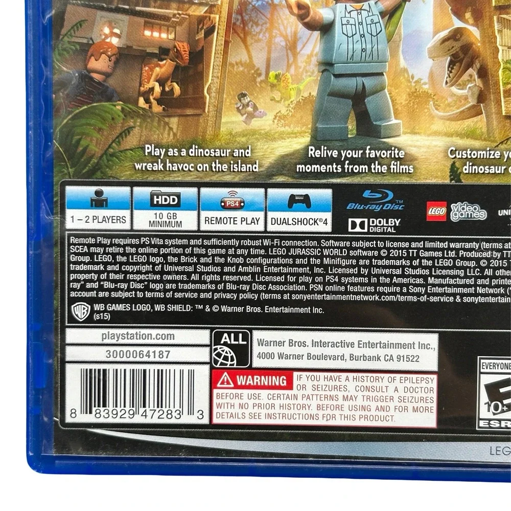 LEGO Jurassic World Sony PlayStation 4 PS4 2015 Action Adventure Dinosaur Game